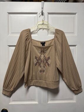 Wrangler Retro light rose Ribbed Square-Neck Blouse with Geometric Embroidery